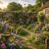 A cottage and garden with flowers and butterflies